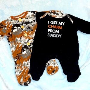 2pc brown, black and white army footed onesie